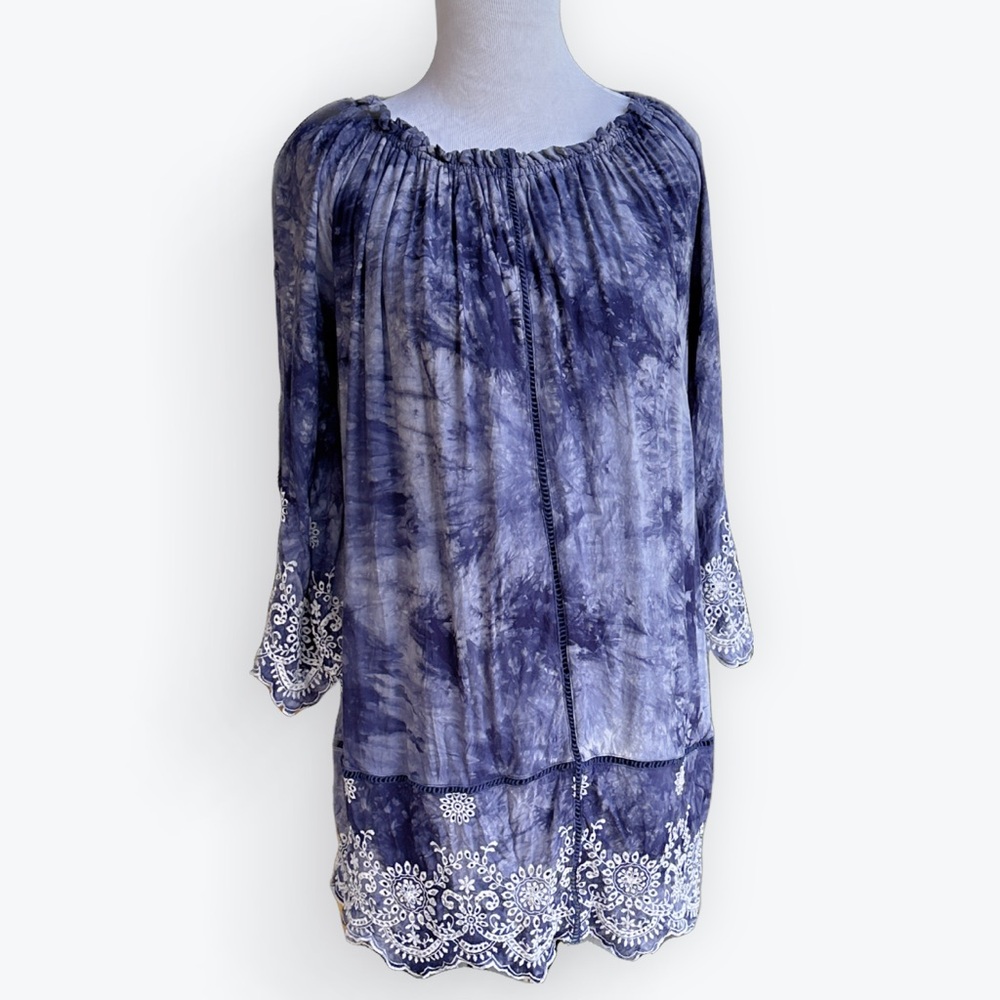 Boho Embroidered Tie-Dye Eyelet Bell Sleeve Tunic Top or Off-Shoulder Dress ~ M